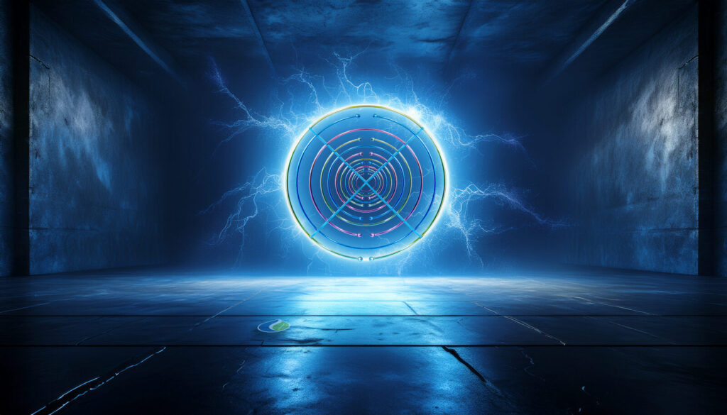 Artistieke illustratie van een Lakhovsky-antenne met een blauwe elektrische gloed