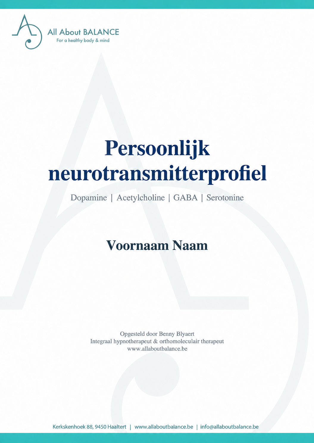 Voorpagina van een persoonlijk neurotransmitterprofiel, met anonieme voorbeeldnaam